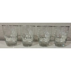 4 Vintage Libbey Mini Glass Tumblers Raised Tulips Silver Trim