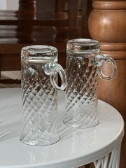 4 Optique Glass Irish Coffee Mugs By Essentials, Curled Handle EUC 5.75” Tall