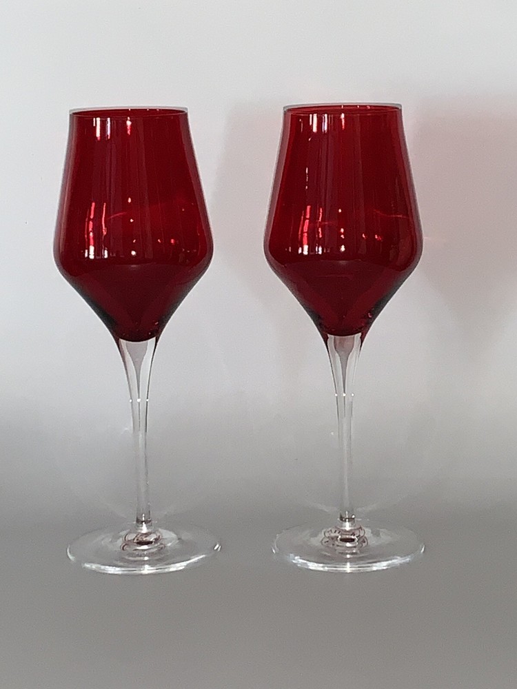 Set of X2~Vietri Contessa Wine Goblets~Red~Hand blown Crystal~9″ tall / 9 oz~NEW