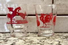 Vintage Red Rooster Double Shot Or Juice Glasses, Set Of Two Different
