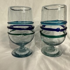 Vintage Looking Hand Blown Heavy Art Glass Green & Blue Applied Swirl/Stripes