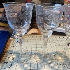 Set of 4 Vintage Etched Floral Water Goblets 8” Clear Optic Glass Stemware MCM