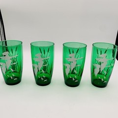 Anchor Hocking Emerald ‘Geese Fly Over Cattails’ Glasses – Set of 8 – MCM 12 oz