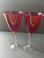Gorham Touch Of Gold Glass Goblets Berry Red Clear Stem Set (2) Modernist MCM 9”