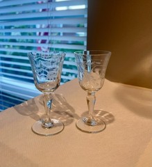 Set of Two Tiny Stemmed Wine Glasses Etched with Flowers. 4 Inches Tall Vintage