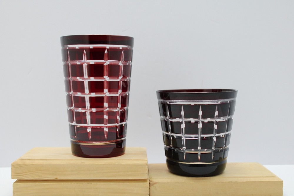 Ruby Red & Black Cherry Cut to Clear Grid Lattice 1 Highball & 1 Lowball Glasses