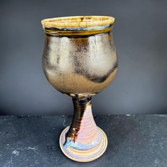 Signed Studio Pottery Heavy Drip Glaze Chalice Goblet Bronze Brown Cup 7.5inch