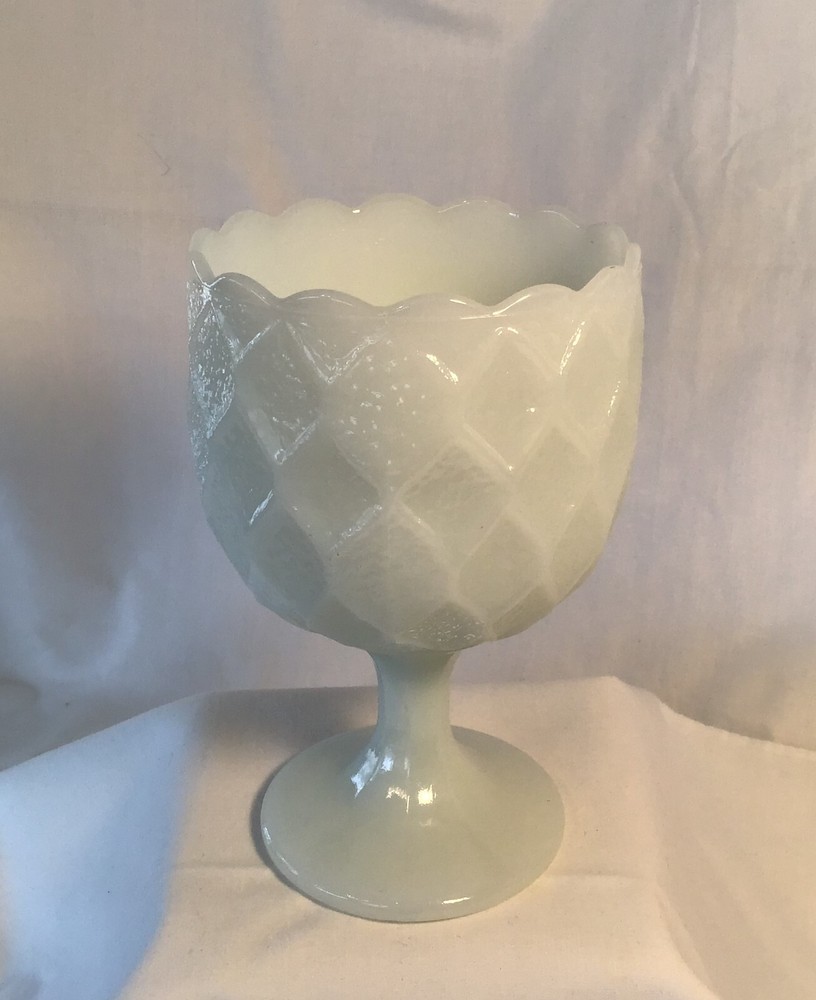 Vintage Diamond Design Milk Glass Textured Scalloped Rim Pedestal Goblet
