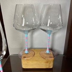 Pastel Pink & Aqua Hand Blown Wine Glass Set Champagne Flute Goblet Stemware 3pc