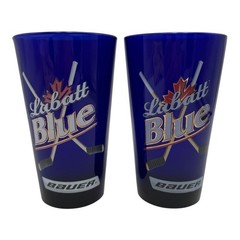 Labatt Cobalt Blue Beer Pint Glasses Bauer Ice Hockey Sticks Set of 2