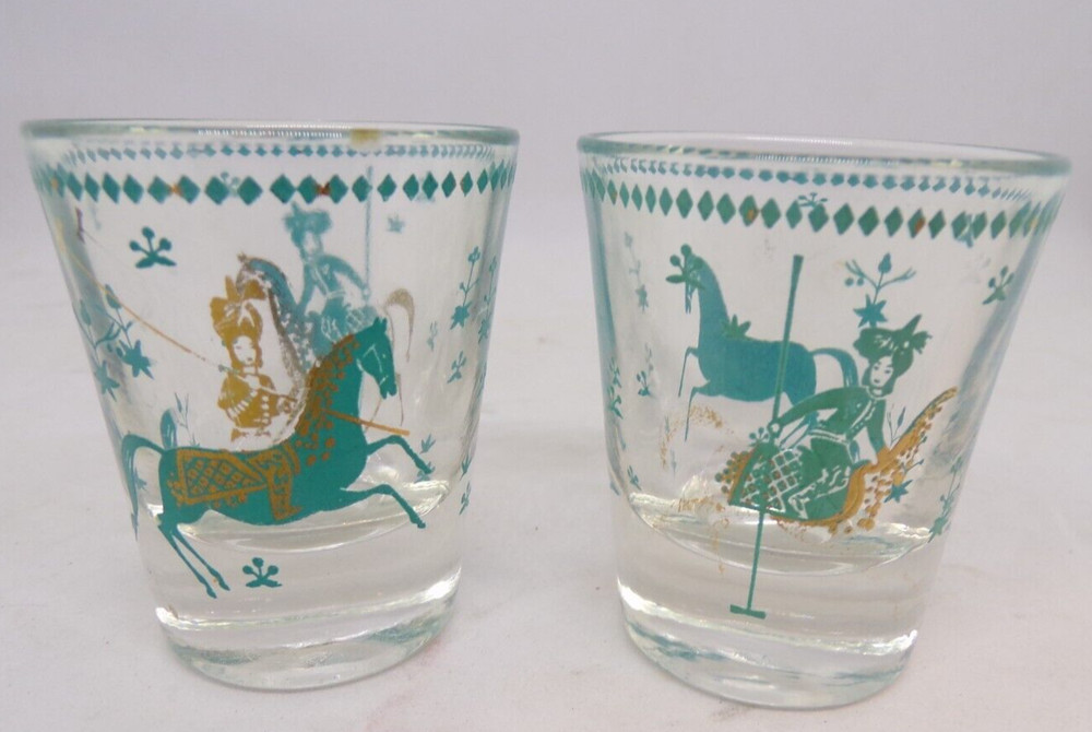 MCM Set of 2 SHOT GLASSES Persian Polo Players, Turquoise & Gold