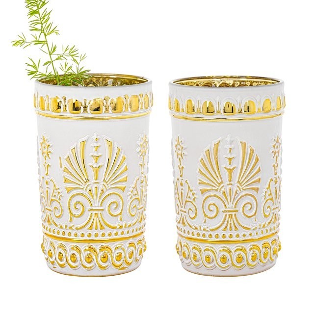 SIX Sungmor Vintage White and Gold Highball Tumblers – Embossed Thick Glass NEW