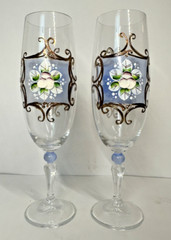 Crystal Glass Champagne Flute Raised Hand painted Pink Flowers Gold Details 7oz