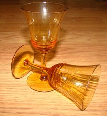 Vintage Amber Sherry/Shot Glasses, Stemmed with Ribbed, Swirl Bottom Cup
