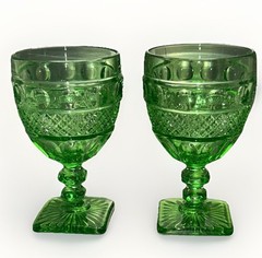 Imperial Glass Sea Foam Green Water Goblets 2 Square Bottom Diamond Cut Vintage