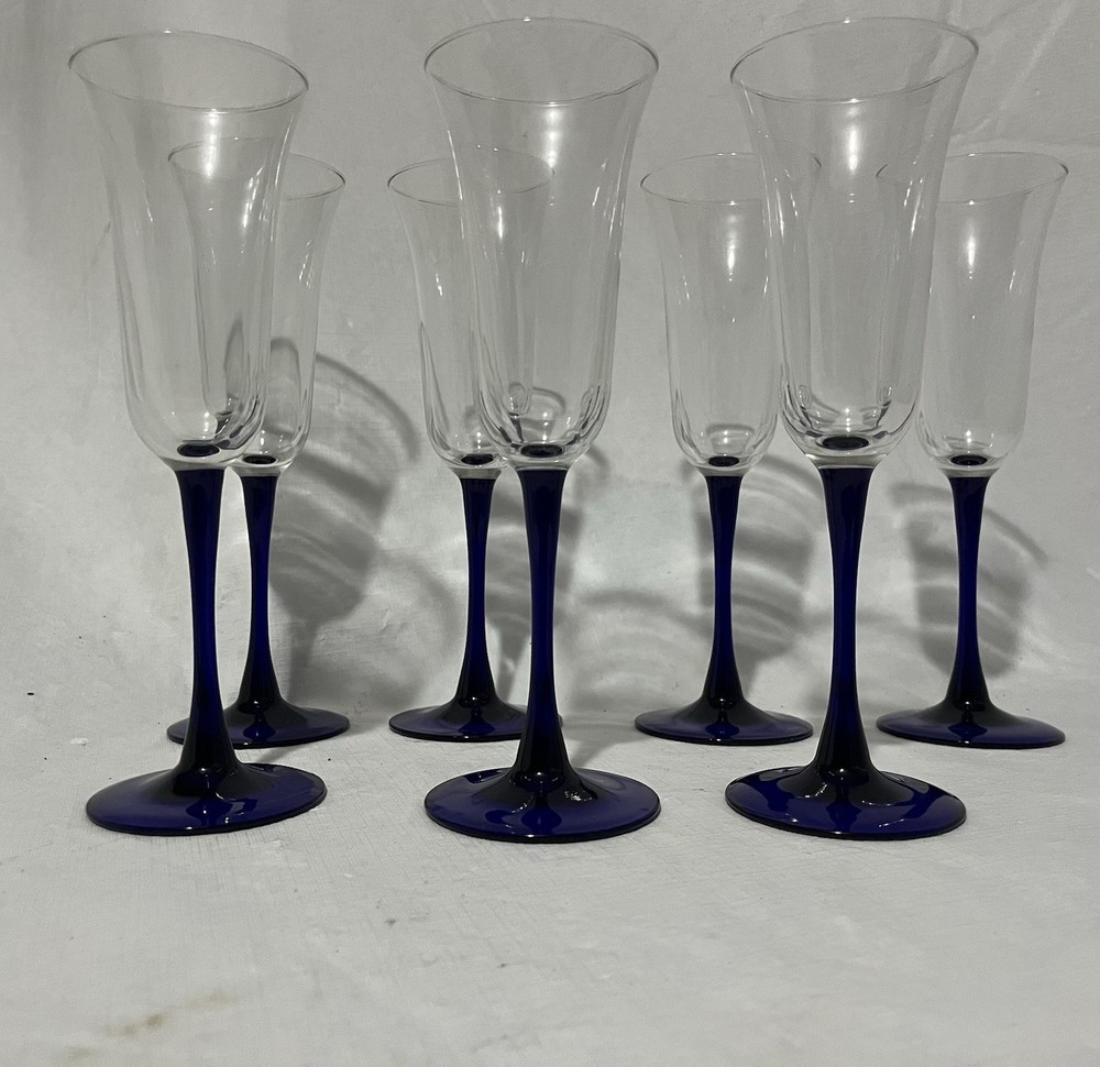 set of 6 Vintage Cobalt Blue Stem Champagne Flutes Crystal 8.75″ handmade