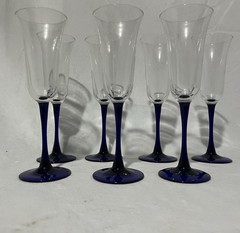 set of 6 Vintage Cobalt Blue Stem Champagne Flutes Crystal 8.75″ handmade