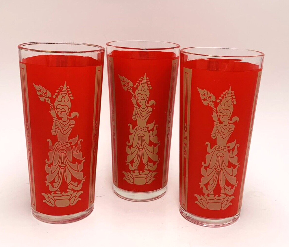 Ser of 3 Culver Red and Gold Siam Thai Goddess Glasses Highball 6 1/2” Tall 1960