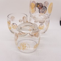 4 Federal Roman Gold Coin Roly Poly Glass Barware 3 1/4×3″ MCM Vintage Cocktail
