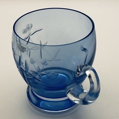 Blue Krosno Polish Glass, Blown Glass Etched Floral, 8 oz (1pc) Very Delicate
