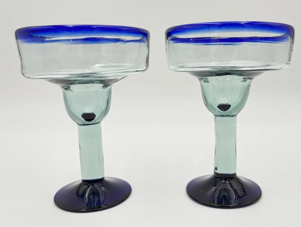 2 Mexican Hand Blown Margarita Glasses Blue Rim Cobalt Cocktail Glassware Bar