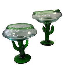 2 Hand Blown Green Saguaro Cactus Margarita Glasses Clear Green Rim Base