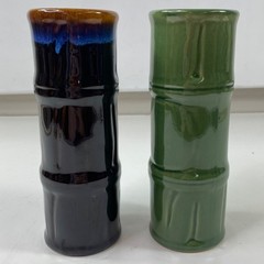 Libbey Ceramic Set 2 Tiki Tall Volcano Drip Bamboo Style Cocktail Tumbler Black