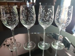 (4) Wine Water Goblets Glasses 9-1/4″ Blown elegant Crystal gray cut floral vine