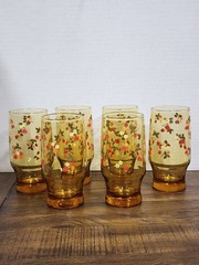 6 MCM Amber Glass Flowering Strawberries Drinking Tumbler Berry Farmhouse Retro