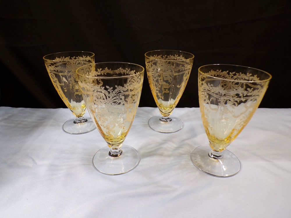Set of 4 Fostoria Topaz Yellow Glass June Ice Iced Tea Goblets Footed Tumblers