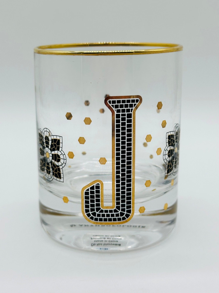 Anthropologie Bistro Tile Monogram «J» Old Fashioned Drinking Glass 24K Gold Rim