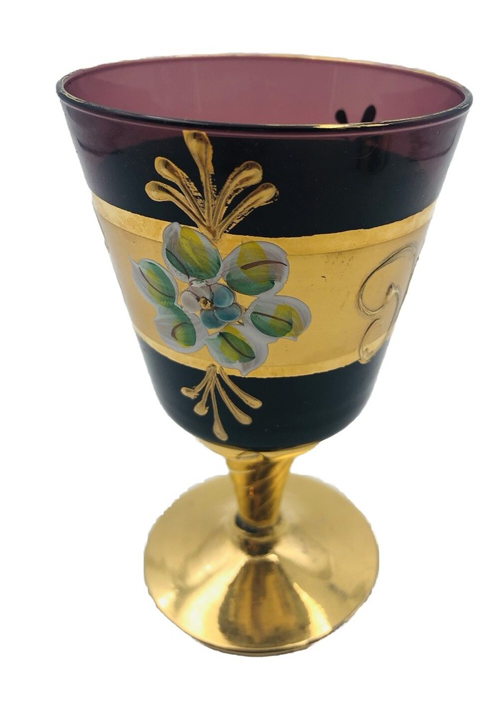 Bohemian Czech Amethyst Art Glass Goblet – Gold Enamel Floral Hand Painted