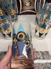 Set of 8 Federal Glass Nordica Turquoise & Gold Atomic Highball MCM Barware