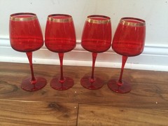 (4) Bormioli Rocco Italy Ruby Red Crystal Glass w/Gold Rim Wine Glasses RARE 8.2