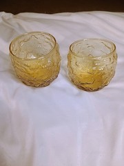 Vintage Amber Textured Bark Glass Tumblers Set of 2 MCM Lowball Rocks Glasses