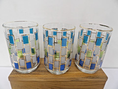 Retro Glasses Rectangle Pattern Blue Teal White Green with Gold Trim 4.1/2″