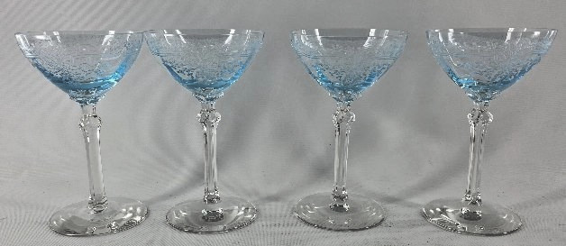 Fostoria June Azure Blue 3 oz. Liquor Cocktail Stemware Lot/4 Glasses 5 1/8″