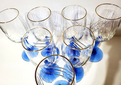 Lenox Crystal Cobalt Blue Stem Swag Drape Gold Rim Wine Glasses, (7), Vtg