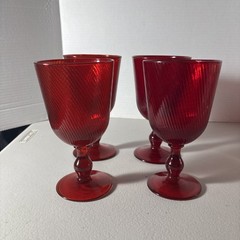4 Juliska Arabella Ruby Red Water Goblets Optic Swirl Footed Glasses 6 3/4