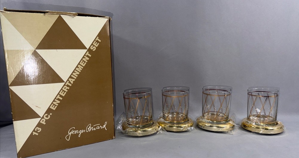Set of 4 MCM Georges Briard Double Old Fashioned Glasses Tumblers Gold Lattice