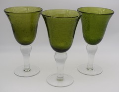 3 ARTLAND 8 in Iris Green Bubble Glass Hand Blown 14oz Water Wine Goblets #G8