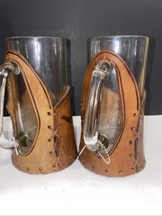 Vtg Libbey Bamco Western Longhorn Hand-Tooled Leather Beer Glasses Set 2