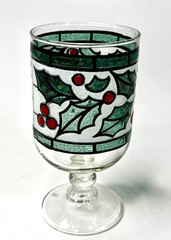 Vtg West Virginia Holly Berry Stained Glass Goblet Stem Glass Holiday Christmas
