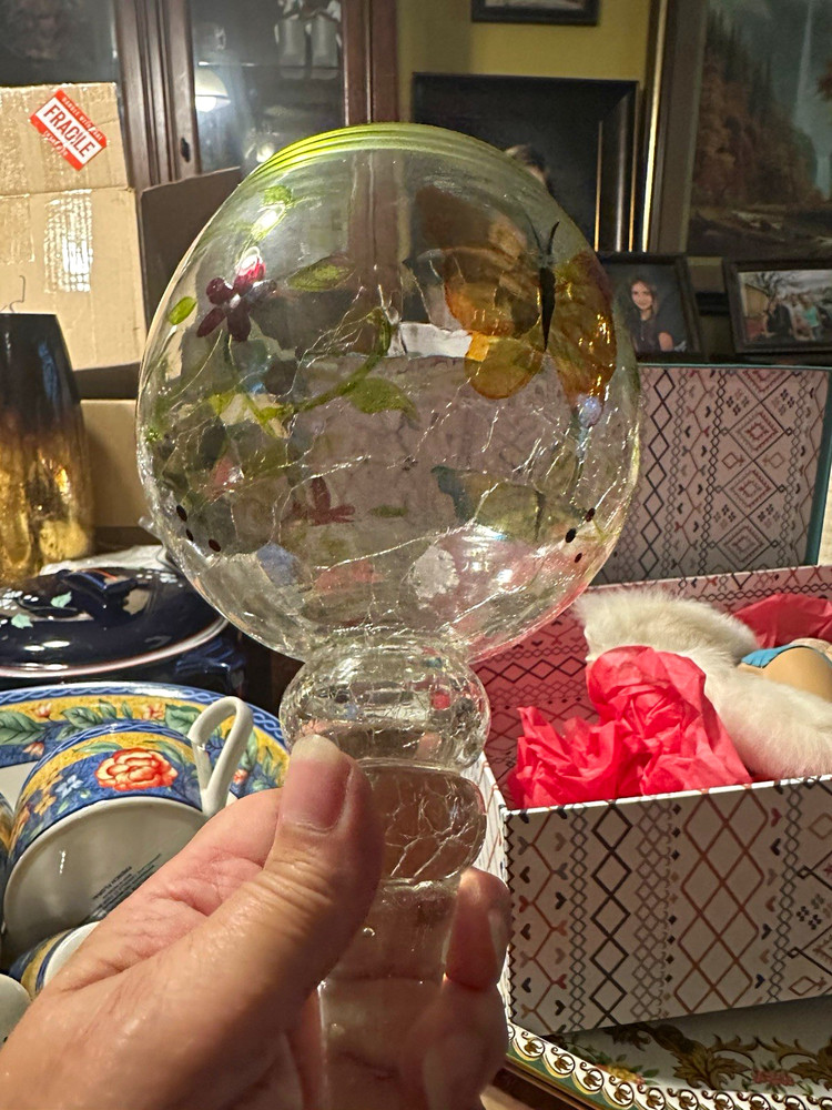 Hand Painted Butterfly Floral Clear Glass Goblet Green Rim 17 oz China