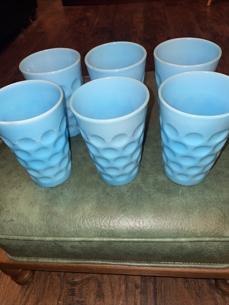 Fenton Light Blue Opalescent Coin/Dot Tumbler Thumbprint 1939 – 6 Tumblers