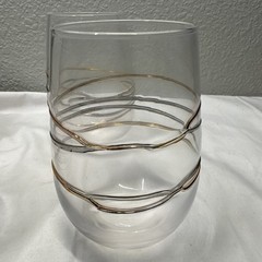 Set Of 4 Hand Blown Clear Stemless Wine Glasses Multi Color Glass Strings 4 1/4″