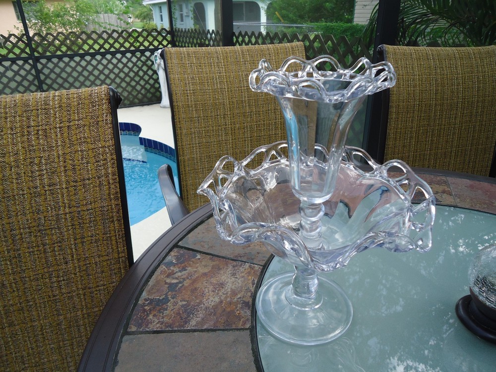Vintage Glass Epergne 2pc Crocheted Crystal Design-Excellent