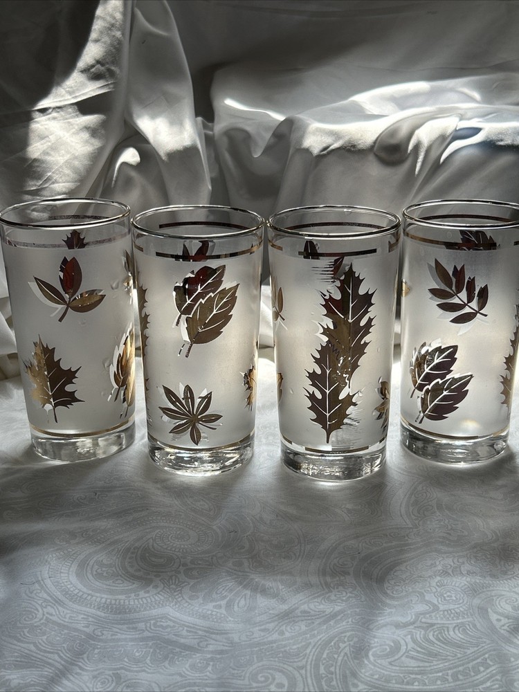 Vtg Libbey Frosted Gold Leaf Set Of 4 Glasses Tumblers MCM Barware Highball Gift