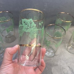 VTG Set Of 7 Hazel Atlas Green Ivy Gold Detail Grapevine Drinking Glass Tumblers