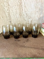 Midcentury 1970s Libbey “Tawny Accent” Glasses In Smoke Brown. Set Of 8